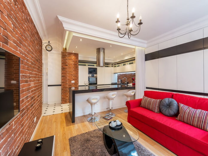 zoning of the kitchen-living room with an area of ​​17 squares