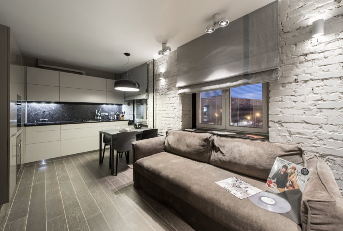 rectangular kitchen-living room with an area of ​​17 squares