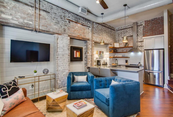 kitchen-living room 17 squares in loft style