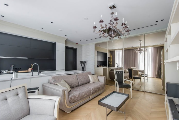 arrangement of furniture in the kitchen-living room 17 squares