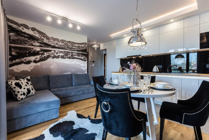 arrangement of furniture in the kitchen-living room 17 squares