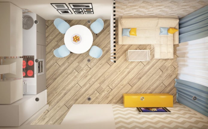 rectangular kitchen-living room with an area of ​​17 squares