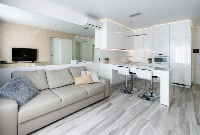 interior of the kitchen-living room in light colors