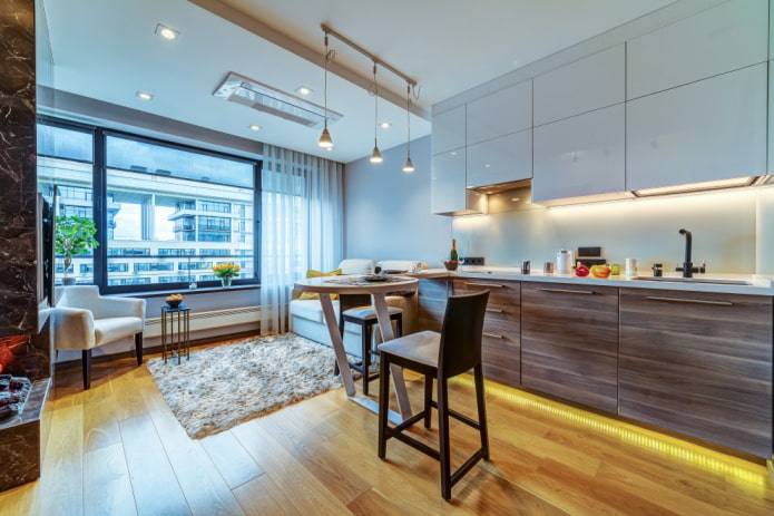 kitchen-living room design with one window