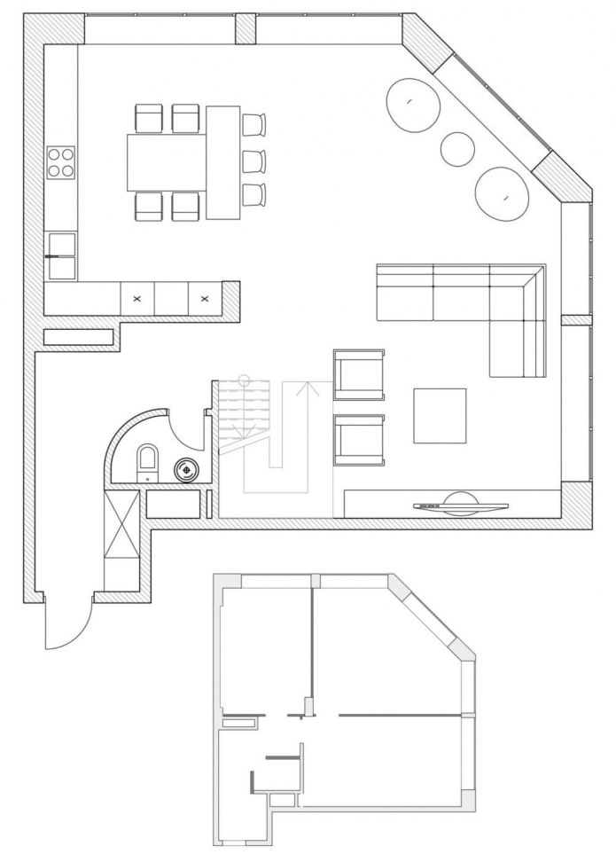 kitchen-living room plan with a non-standard layout