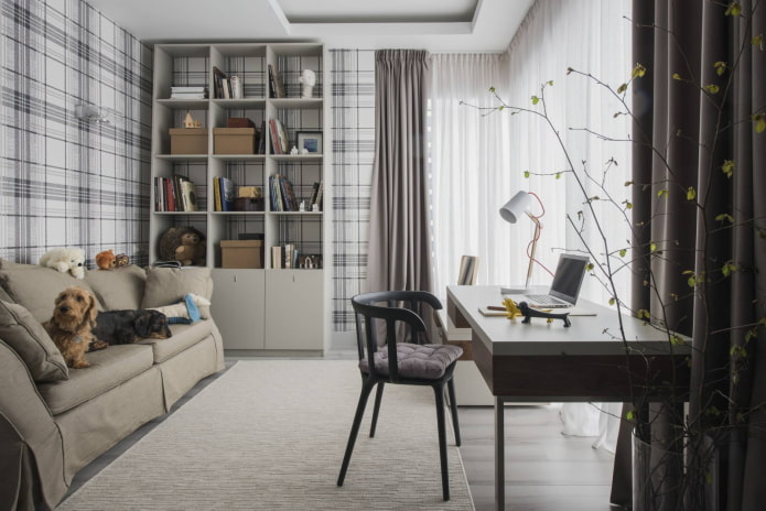 Room with checkered wallpaper