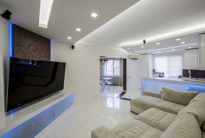 White walls, blue lights White walls, blue lights