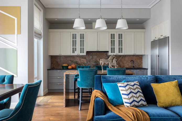 Gray kitchen with colored details Gray kitchen with colored details