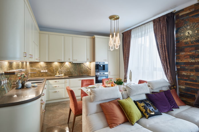 Corner kitchen, table and sitting area Corner kitchen, table and sitting area