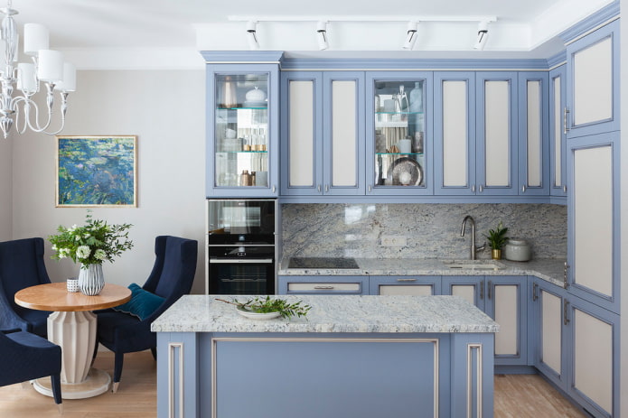 Azure kitchen with marble backsplash Azure kitchen with marble backsplash
