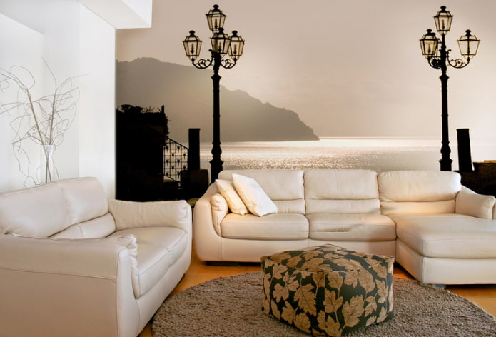 photo wallpaper in a beige living room
