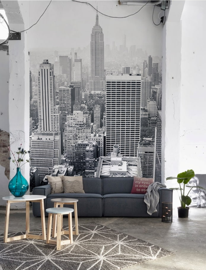 photo wallpaper combined with whitewashed walls