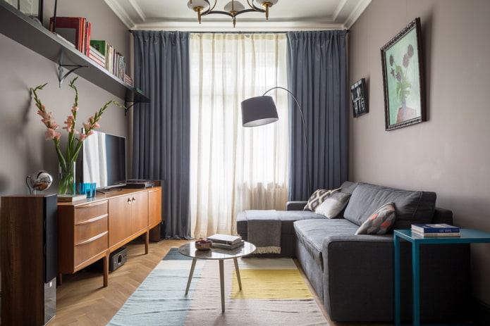 arrangement of furniture in the living room with an area of ​​16 sq.