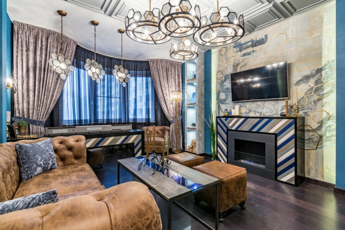 fireplace in the hall in the interior of the apartment