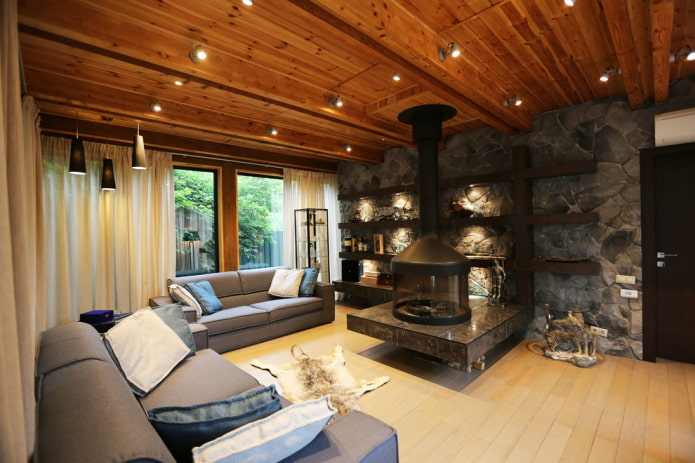 fireplace in the center of the living room