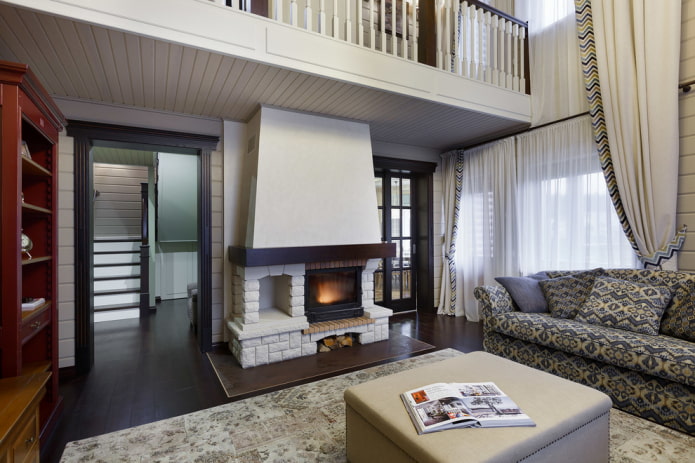 fireplace between two doors in the living room interior