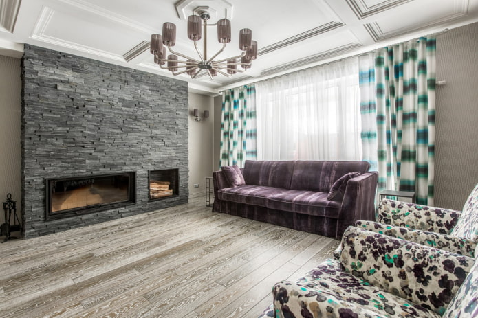 fireplace on a free wall in the living room interior