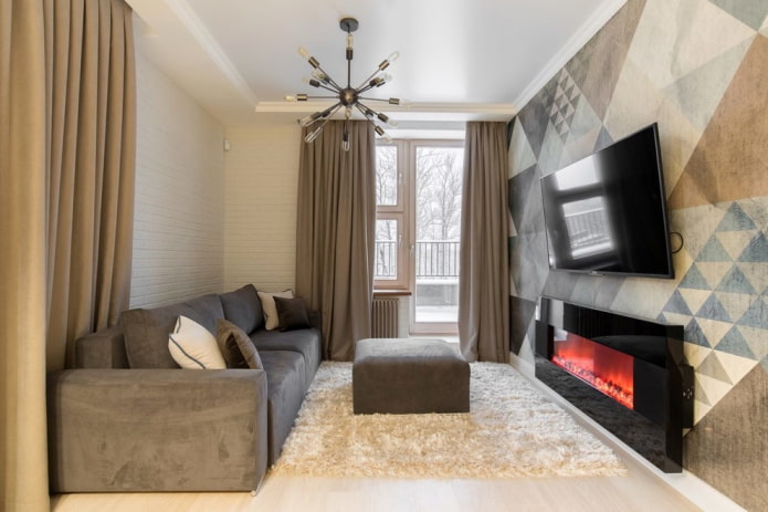fireplace in the hall in the interior of the apartment