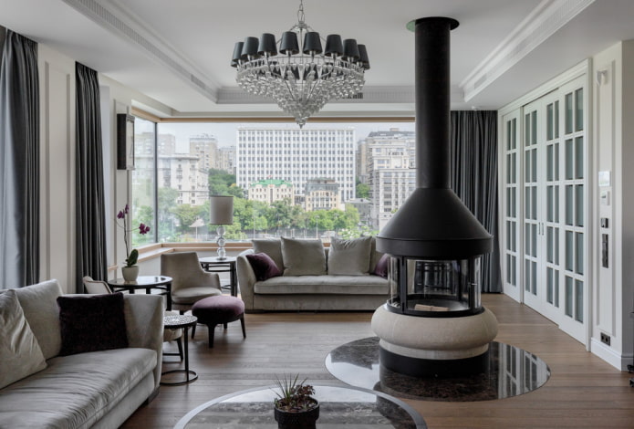fireplace in the center of the living room