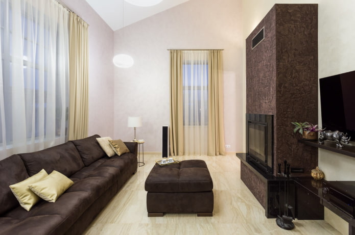 fireplace on a free wall in the living room interior