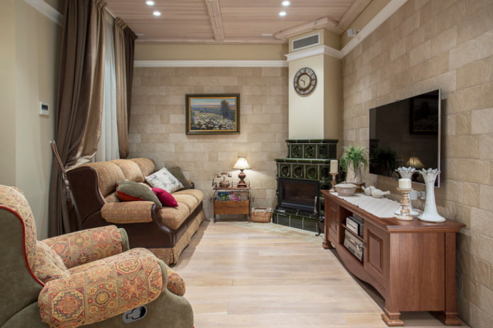 fireplace in the interior of the living room in the Provence style