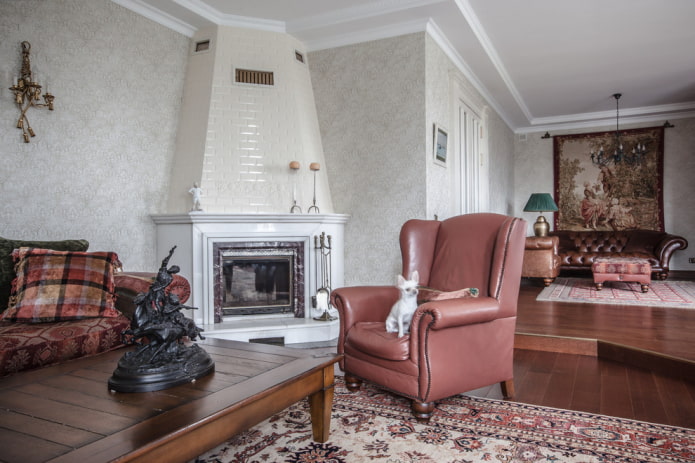 fireplace in the corner in the interior of the living room