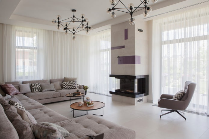 fireplace in the interior of a large living room