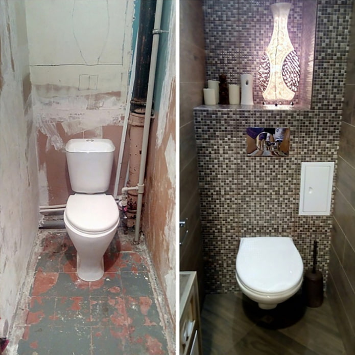 Photos before and after the repair of the toilet