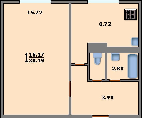 layout of 1-room Khrushchev, K-7 series layout of 1-room Khrushchev, K-7 series