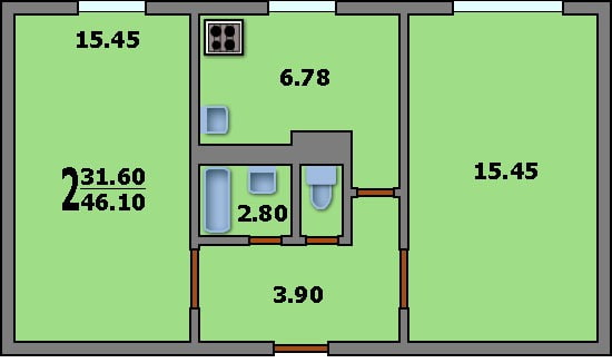 layout of a 2-room Khrushchev, K-7 series layout of a 2-room Khrushchev, K-7 series