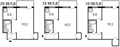 layout of 1-room Khrushchev, series 434, 1959