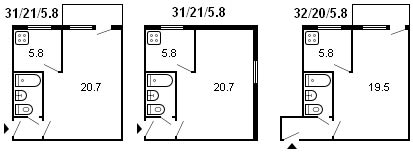 layout of 1-room Khrushchev, series 434, 1964