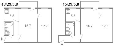 layout of a 2-room Khrushchev, series 434, 1961
