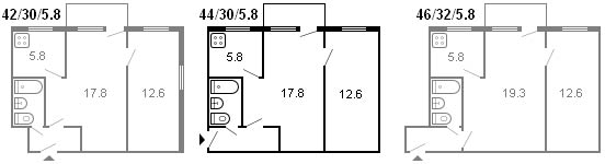 layout of a 2-room Khrushchev, series 434, 1964 layout of a 2-room Khrushchev, series 434, 1964