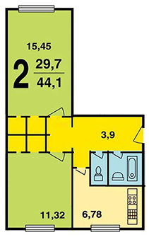 layout of a 2-room Khrushchev, K-7 series