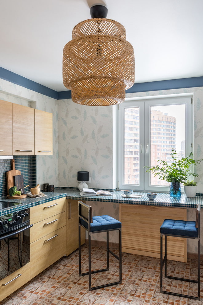 chandelier on the ceiling in the interior of the kitchen