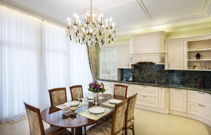 chandelier in the interior of the kitchen in the classic style