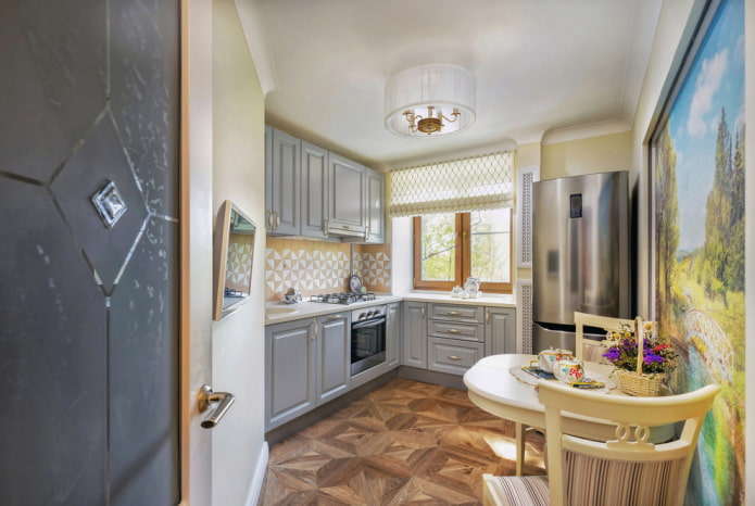 chandelier in the interior of a small kitchen