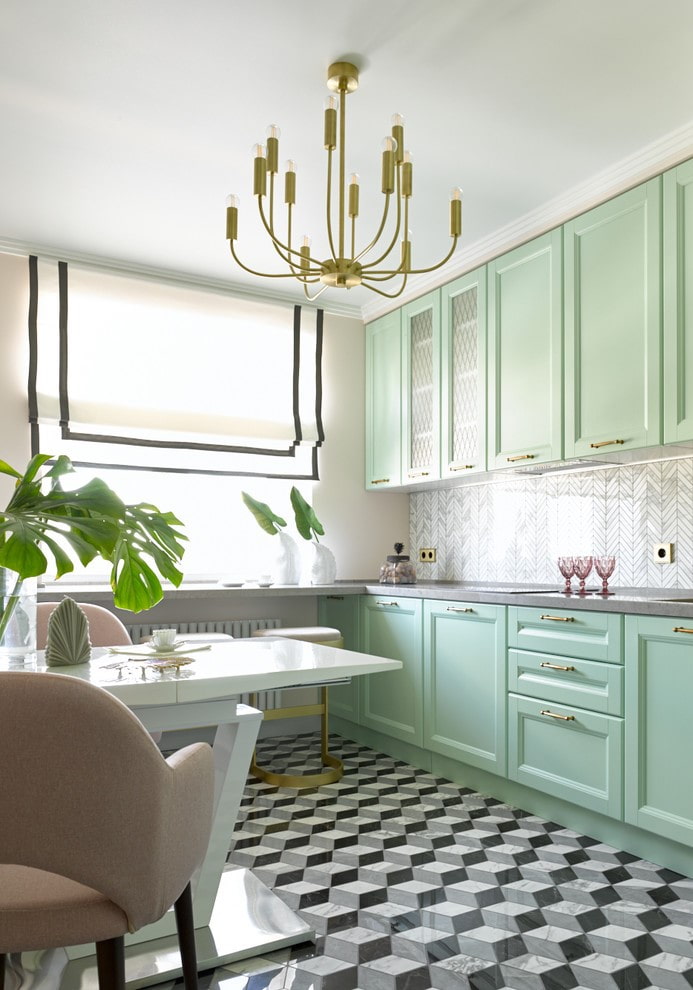 chandelier in the middle of the ceiling in the kitchen