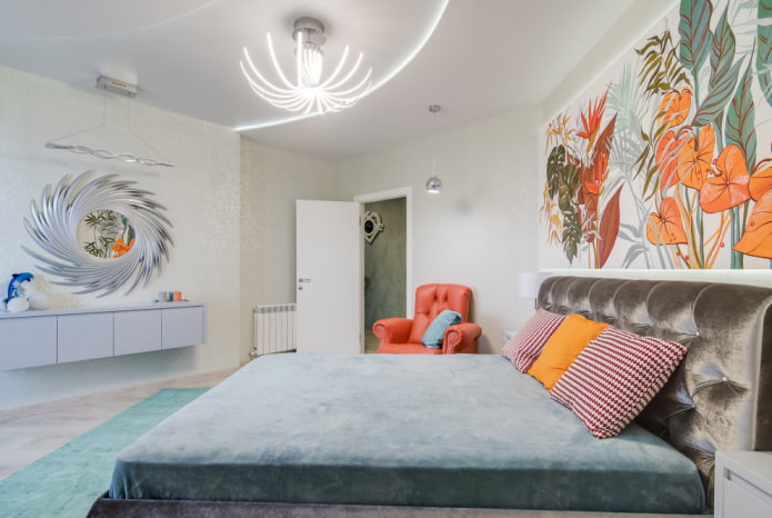 chandelier on the ceiling in the bedroom in a modern style