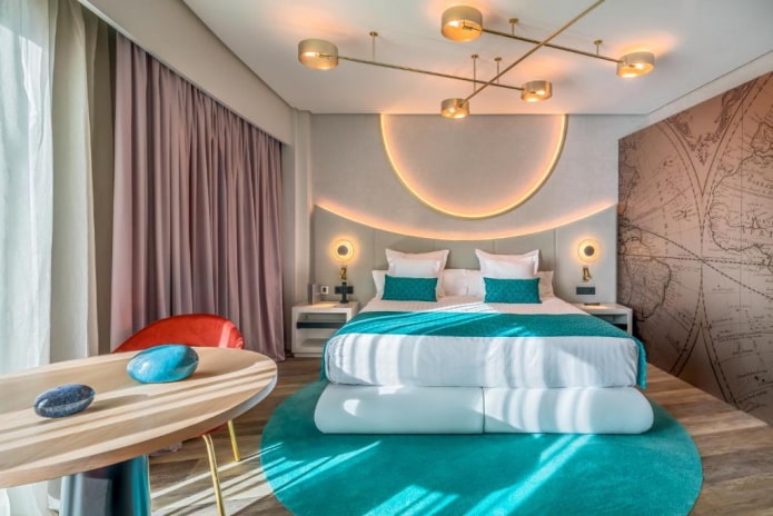 chandelier on the ceiling in the bedroom in a modern style