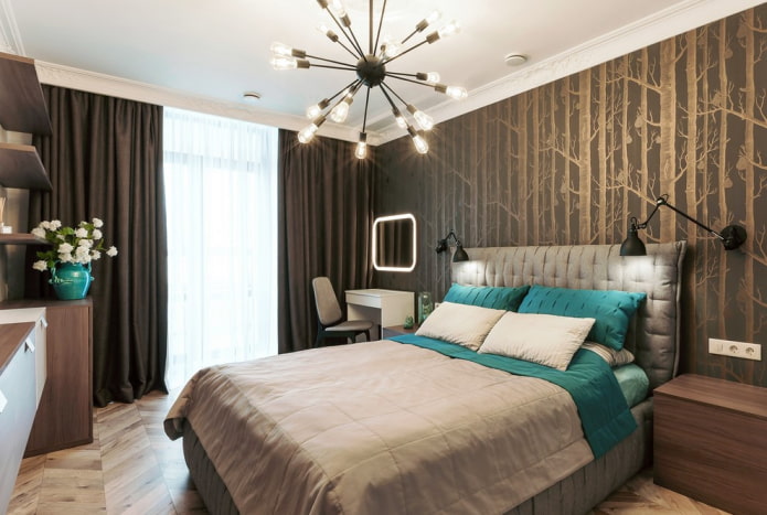 chandelier on the ceiling in the bedroom in a modern style