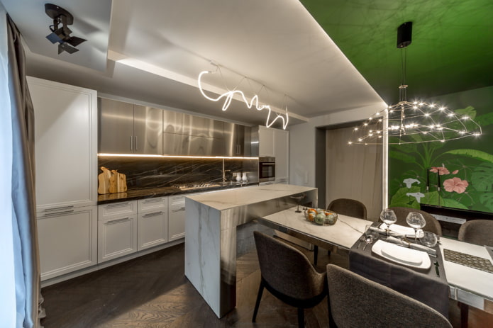 stretch ceiling with zoned lighting in the kitchen