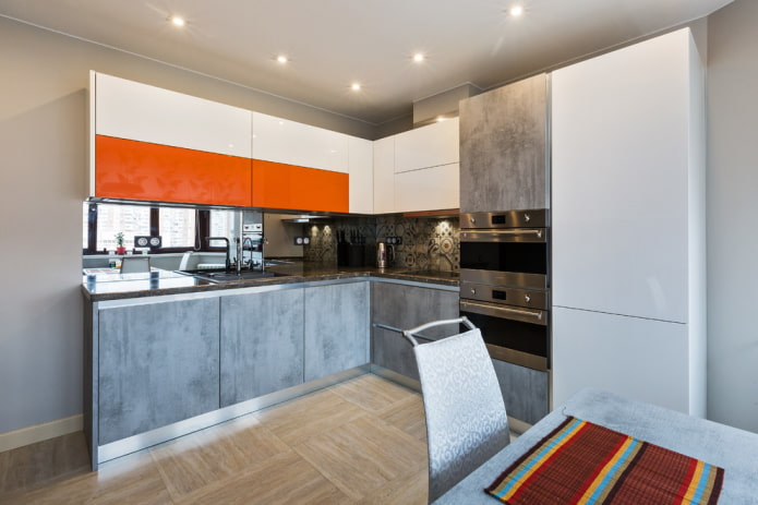 spotlights on a stretch ceiling in the interior of the kitchen