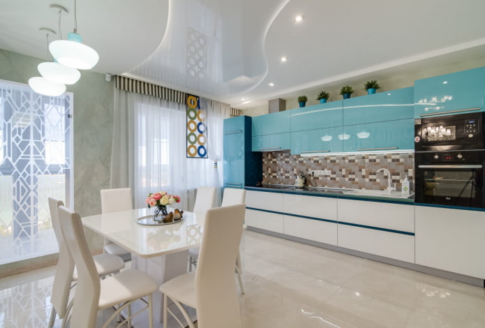 stretch ceiling with zoned lighting in the kitchen