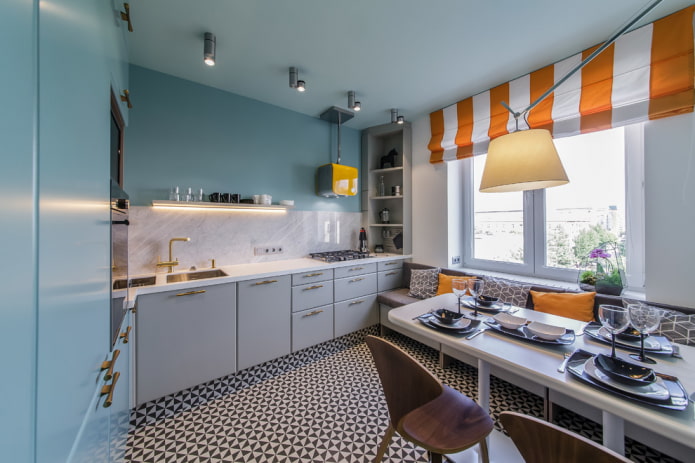 stretch ceiling with spots in the interior of the kitchen