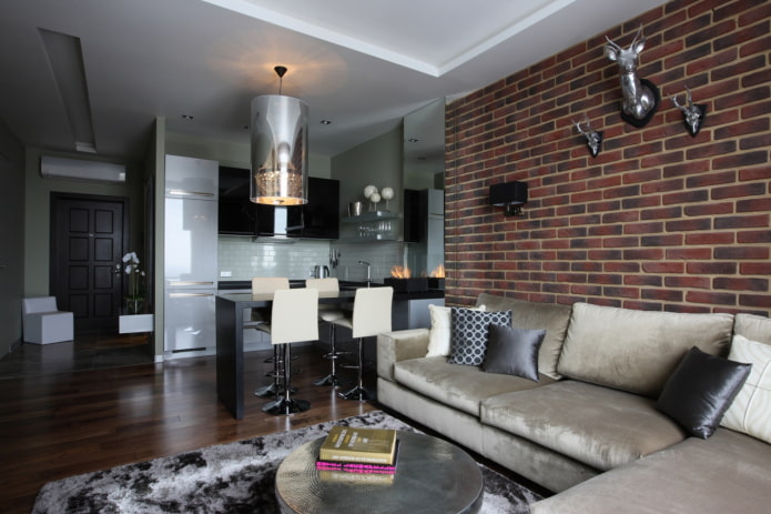 brickwork in the interior of the kitchen-living room