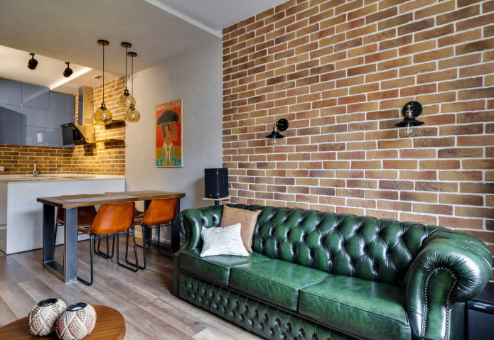 brickwork in the interior of the kitchen-living room
