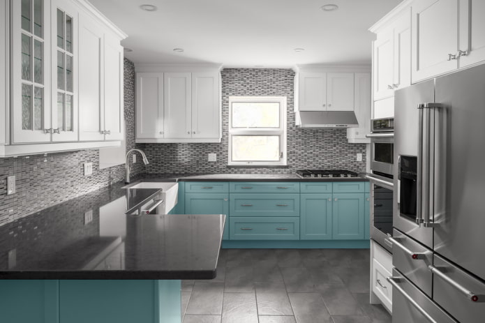 kitchen design in gray-turquoise colors