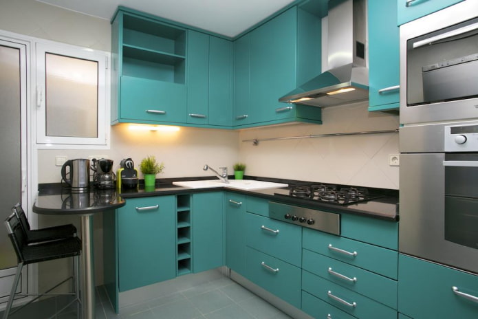 kitchen design in gray-turquoise colors